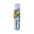A tube of Lutefisk Lips Tropical Lip Balm, featuring a cartoon fish graphic and safety seal label, offers SPF 15 sun protection for chapped lips. Also available in Cherry, Mint, or Unflavored.