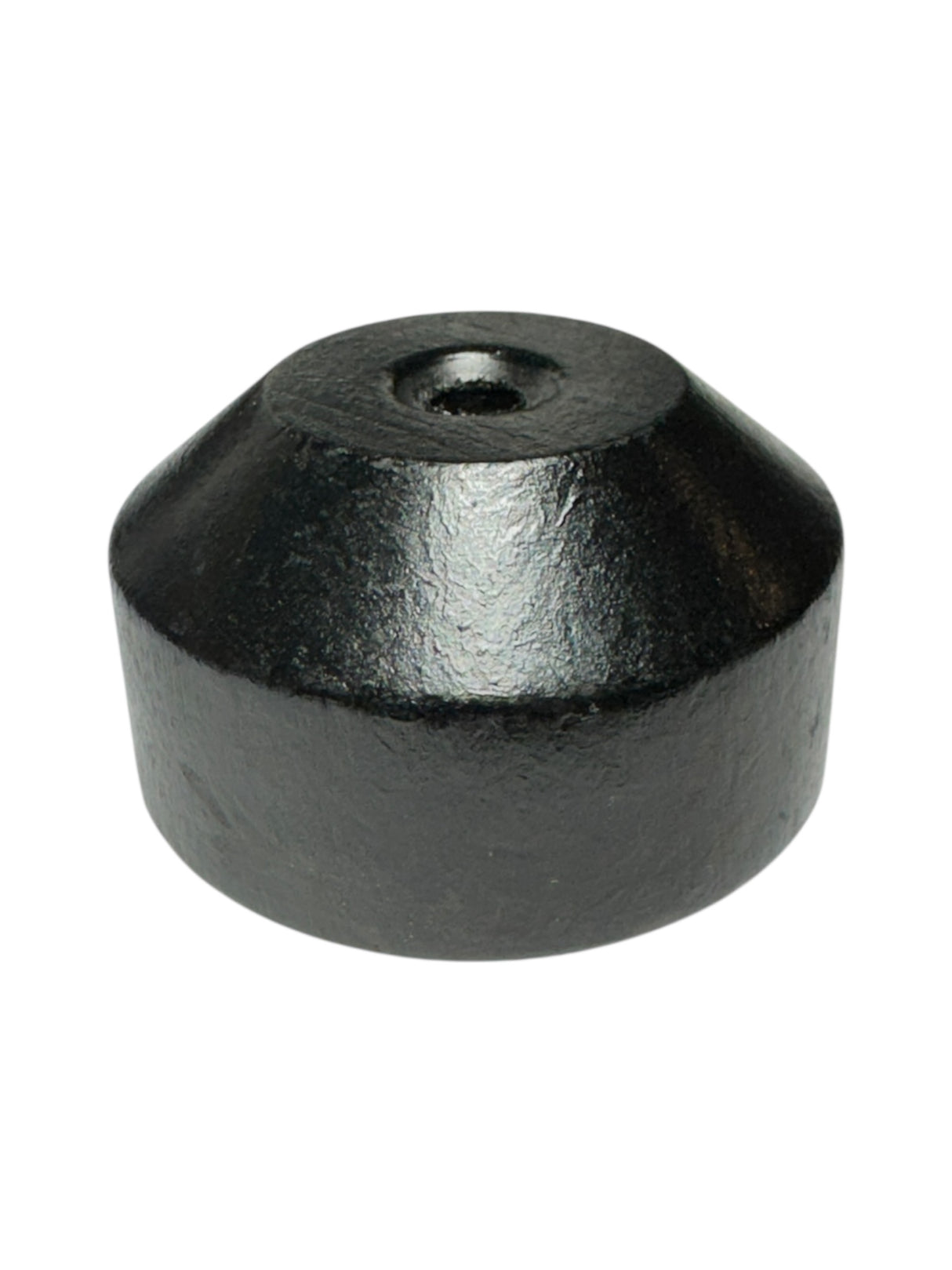 The Flag Pole: Wood Base for Small Stick Flags is a black, cylindrical ebonized wood base with a beveled top and central hole, perfect for displaying stick flags against a white background.