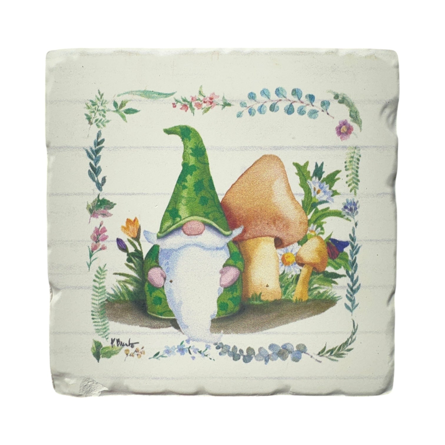 The Coaster: Spring Gnomes Tumbled Tile Coaster features a gnome in a green hat with two large mushrooms and small flowers on a cream, rustic background—available in yellow, blue, green, or pink.