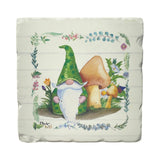 Charming gnome in a green hat with mushrooms and flowers, framed by blossoms on a cream background—ideal for Coaster: Spring Tomte - Gnomes Tumbled Tile Coaster Set of 4 Square 4".