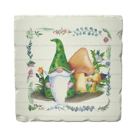 Charming gnome in a green hat with mushrooms and flowers, framed by blossoms on a cream background—ideal for Coaster: Spring Tomte - Gnomes Tumbled Tile Coaster Set of 4 Square 4".