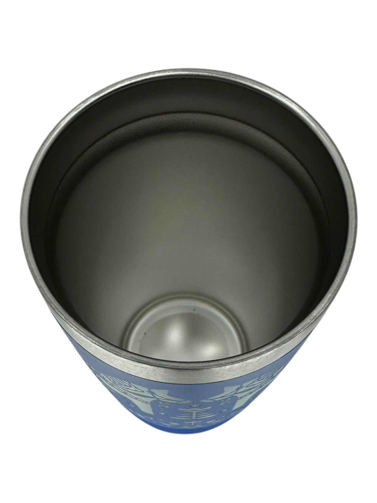 A top-down view of the Swedish Dala Horses - Blue 20oz Stainless Steel Tumbler with slide-close lid, featuring Nordic artistry, shown empty against a white background.