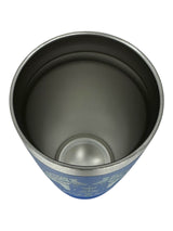 A top-down view of the Swedish Dala Horses - Blue 20oz Stainless Steel Tumbler with slide-close lid, featuring Nordic artistry, shown empty against a white background.