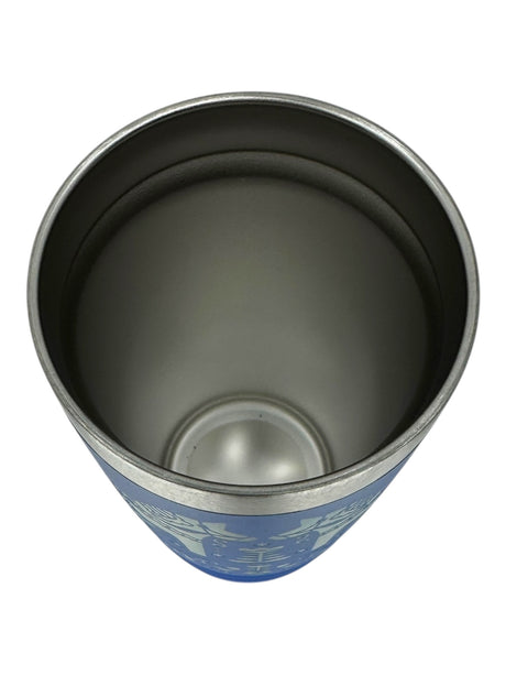 A top-down view of the Swedish Dala Horses - Blue 20oz Stainless Steel Tumbler with slide-close lid, featuring Nordic artistry, shown empty against a white background.