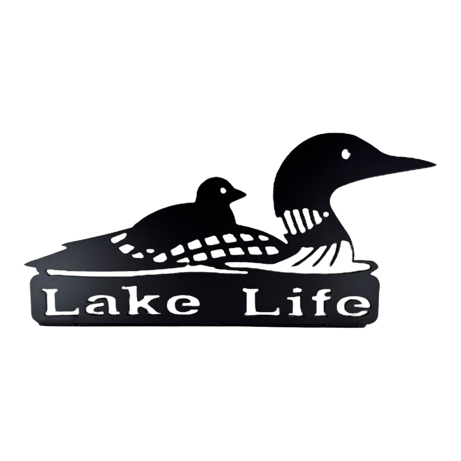 The Lake Life Loon Black Metal Napkin Holder features a silhouette of a mama and baby loon with Lake Life below—perfect for adding rustic cabin décor to your table.