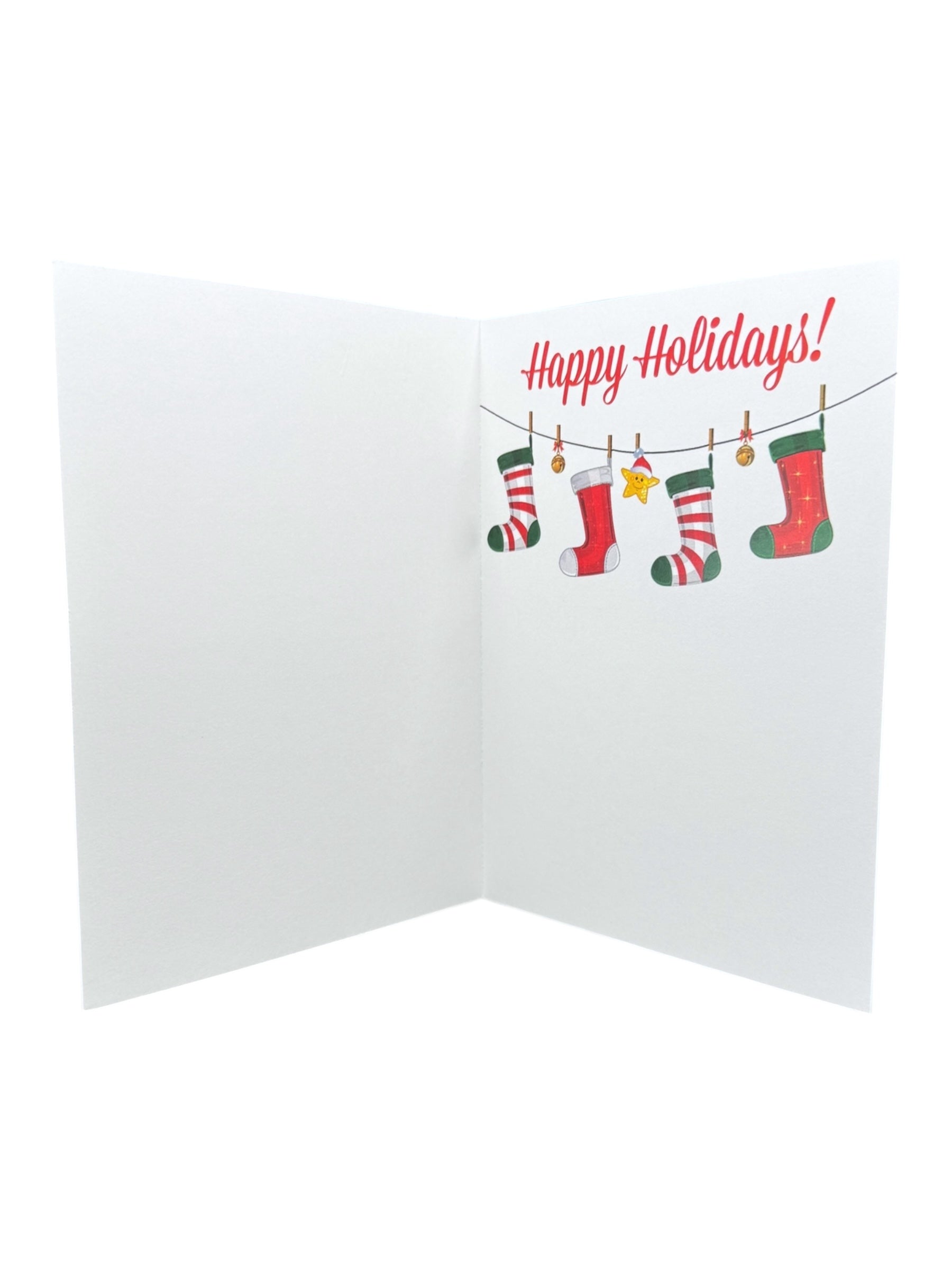 An open Card: Santa in Lindström – Holiday Greeting Card (5×7 in) features Happy Holidays! above five colorful stockings; the left side is blank, celebrating Swedish heritage.