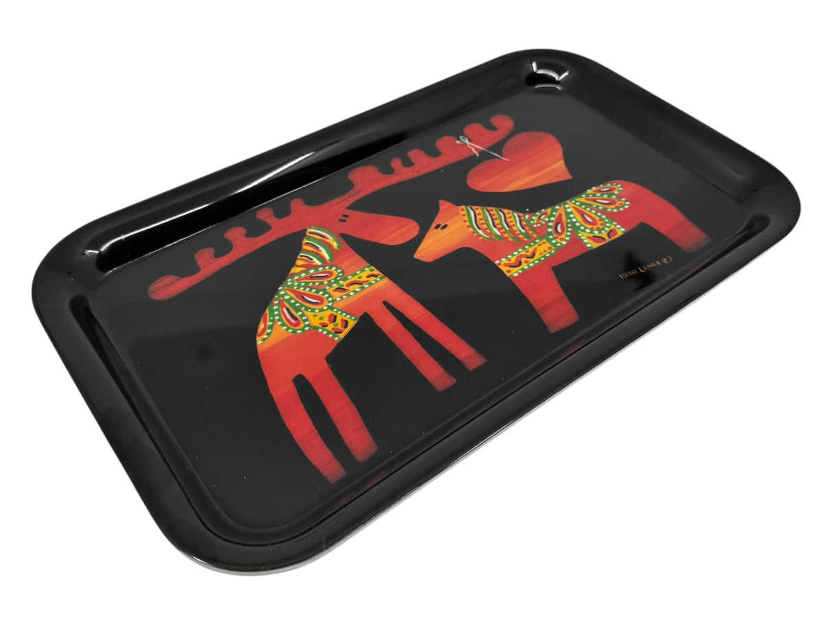 A black rectangular 7.5"×12.5" melamine tray by Heidi Lange, featuring Dala moose and Dala horse with a red heart above them.
