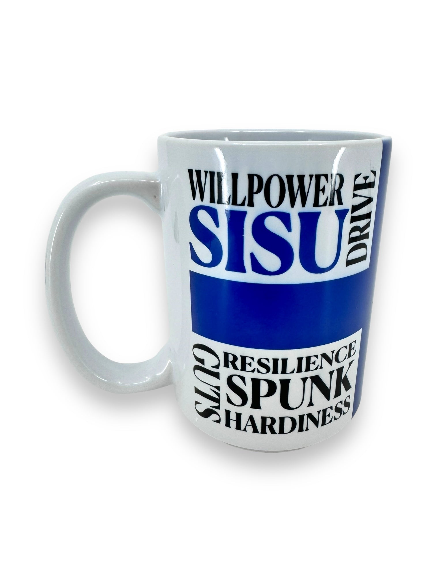 15oz white ceramic mug named "Sisu," showcasing words such as Willpower, Drive, Resilience, Spunk, and Hardiness in a bold black and blue Scandinavian motif.