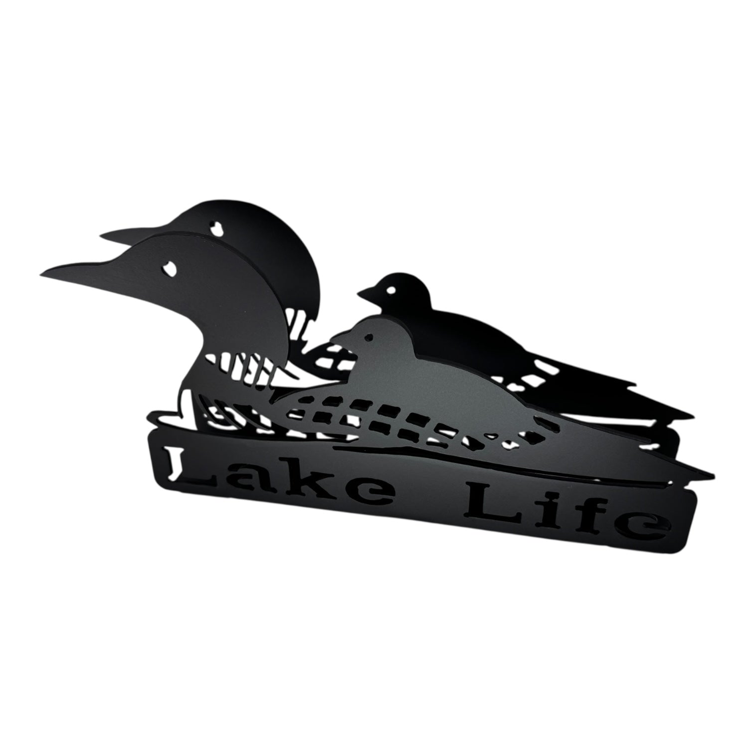 The Lake Life Loon Black Metal Napkin Holder features a mama and baby loon design with Lake Life cut out—perfect as a unique cabin décor piece and napkin holder.