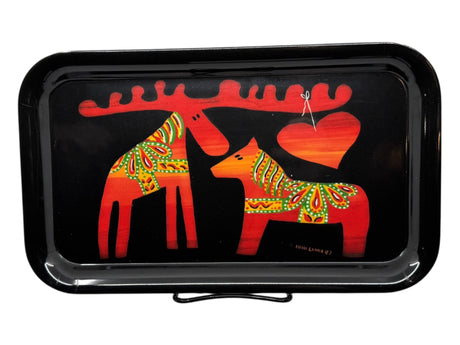 The Dala Moose & Dala Horse with Heart Tray by Heidi Lange is a black, Swedish melamine tray (7.5" × 12.5") featuring stylized red and orange moose, horse, and heart with decorative Dalarna Kurbits patterns.
