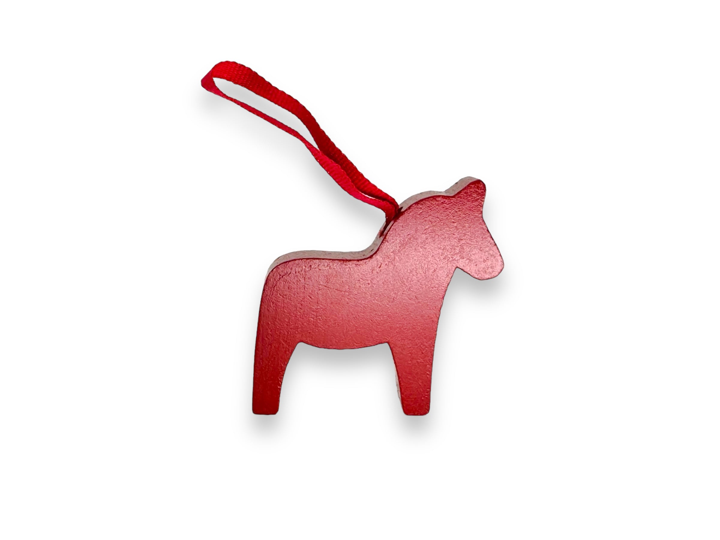 The Ornament: Red Swedish Dala Horse with Red Ribbon is a handcrafted Swedish Christmas tree ornament, featuring a red ribbon loop, shown against a white background.