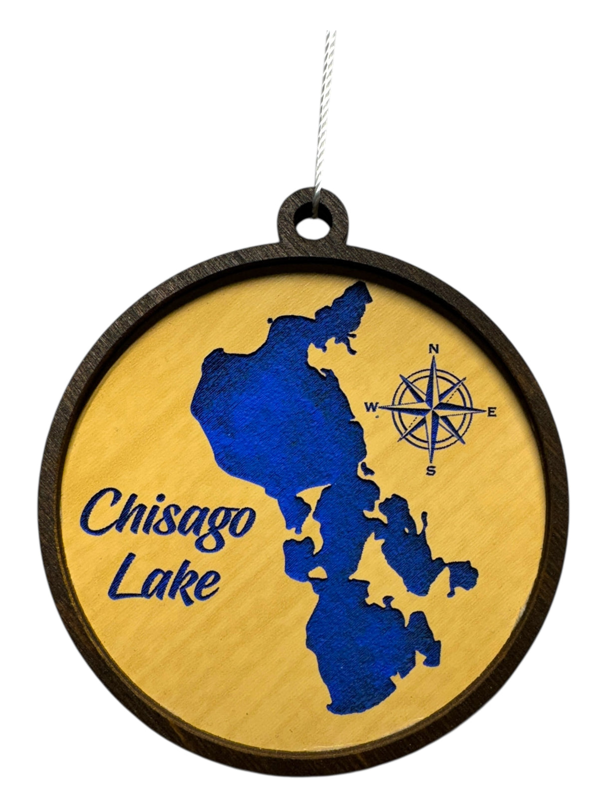 Lake Art: Chisago Lake Small is a wooden ornament with a blue map of Chisago Lake, compass rose, and "Chisago Lake" label on light wood, finished with a dark border and hanging string.
