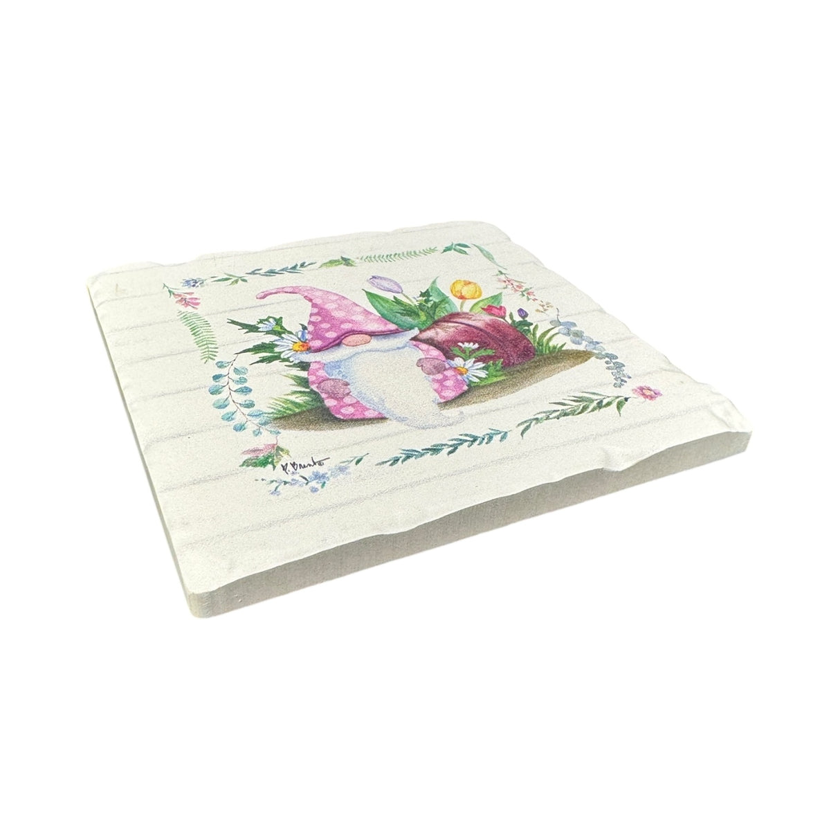 A decorative napkin with a pink-hatted gnome amid flowers and greenery on white—perfect to pair with the Spring Tomte - Gnomes Tumbled Tile Coaster Set of 4 Square 4" for your seasonal gatherings.