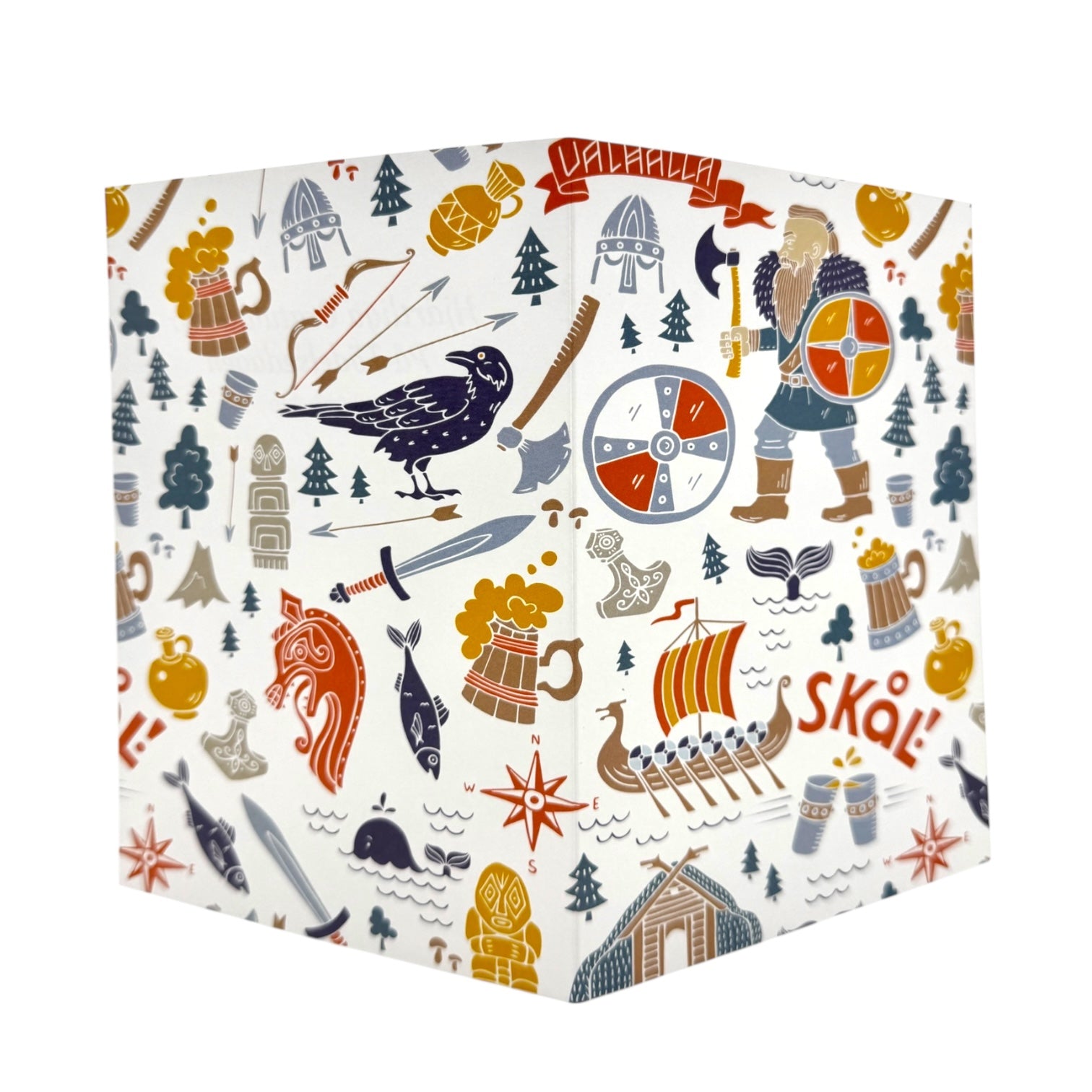 The Card: Viking Symbols & Culture, Birthday Card features a vibrant box with Viking-themed art—longship, axe, shield, raven, helmet, Dala Horse, drinking horn, and a bearded warrior with SKÅL!—infusing Swedish charm and folk flair into your birthday greeting.