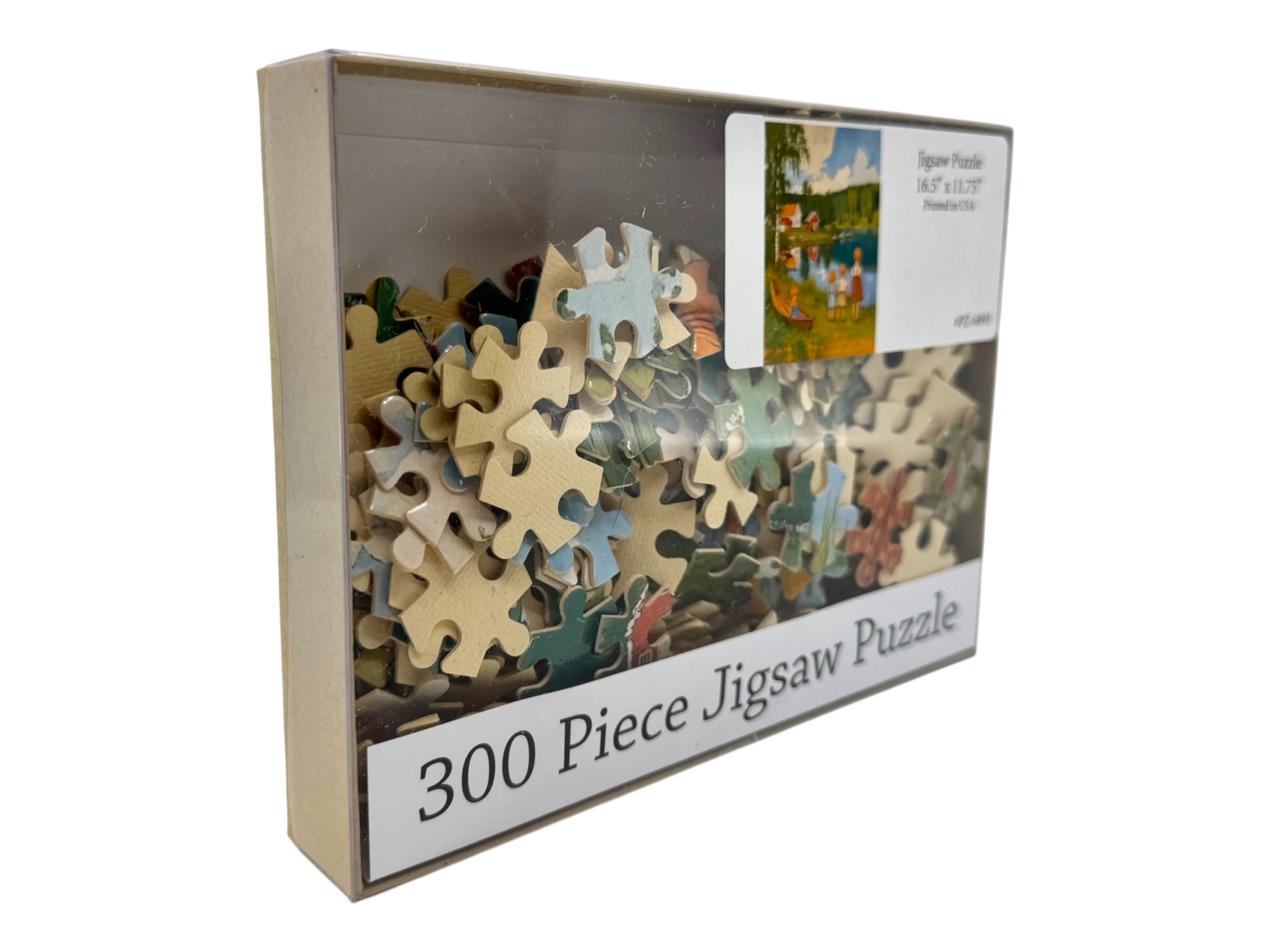 A box of Puzzle: The Children on the Shore by Carl Larsson (300 Pieces) features a clear front displaying some jigsaw pieces and a small image of the completed Swedish countryside puzzle at the top right.