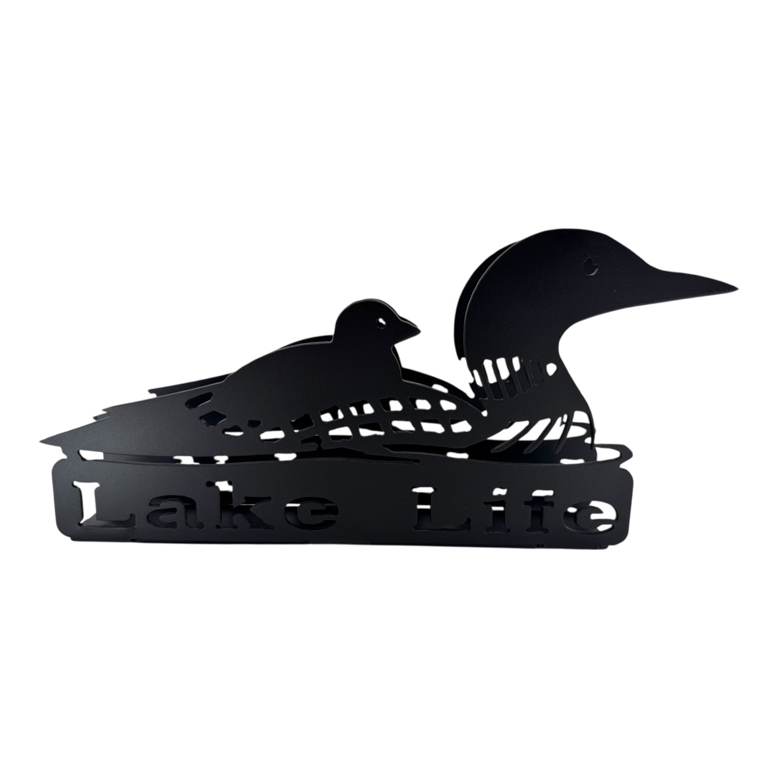 The Lake Life Loon Black Metal Napkin Holder features a silhouette of a mama and baby loon with Lake Life cut out at the bottom—perfect as a unique cabin décor accent or lake life napkin holder.