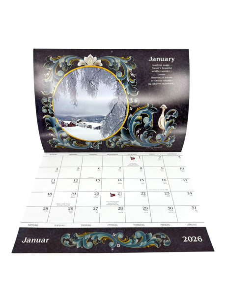 The "Calendar: Norway 2026 Wall Calendar – Visions & Verse of Vikingland" opens to January with a wintry scene of snowy trees and houses, an ornate border, and a monthly grid—celebrating Norwegian culture.