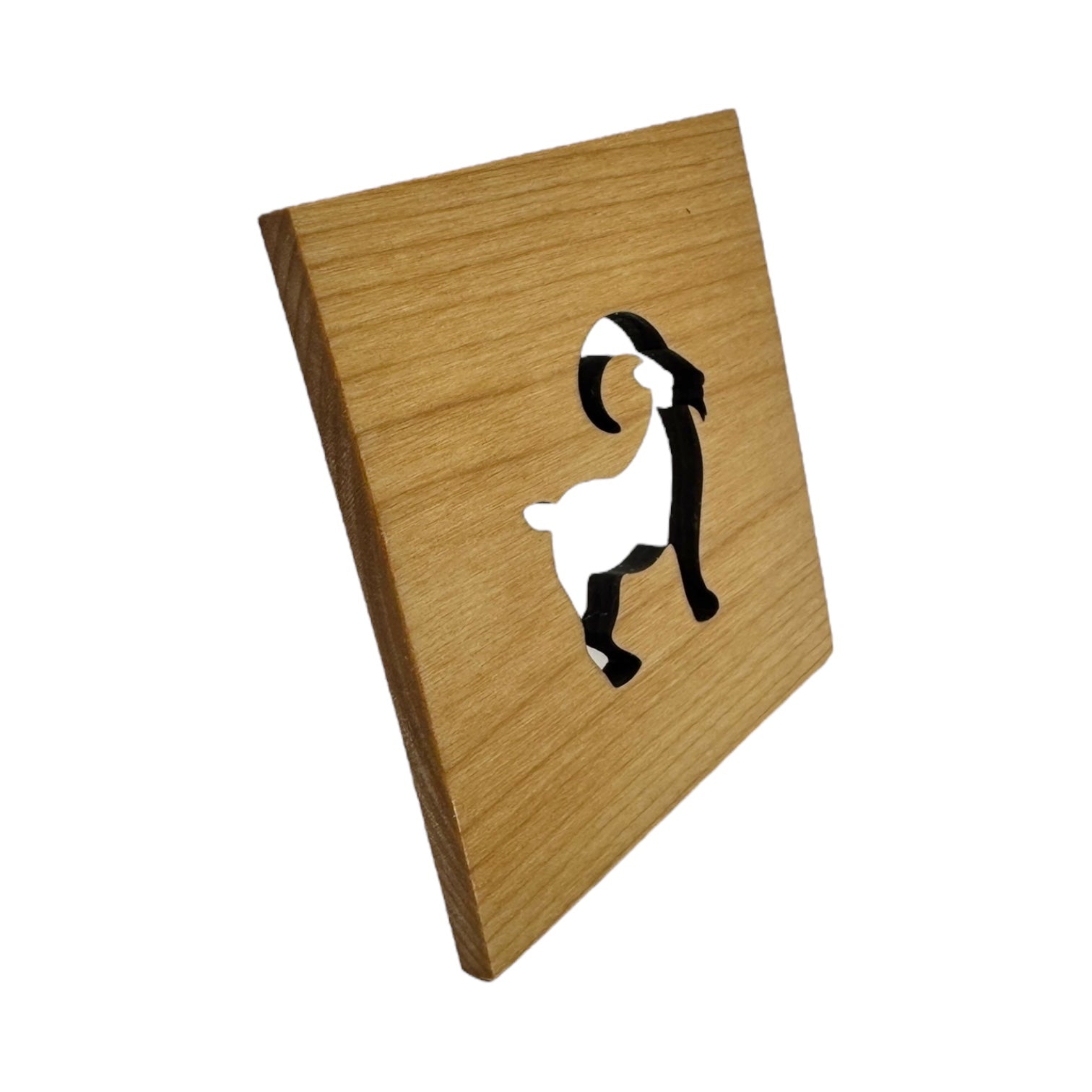 The Coaster: Swedish Goat 4x4 Square Alder Coaster features a cutout silhouette of a traditional Scandinavian goat standing on all fours, crafted from alder wood.