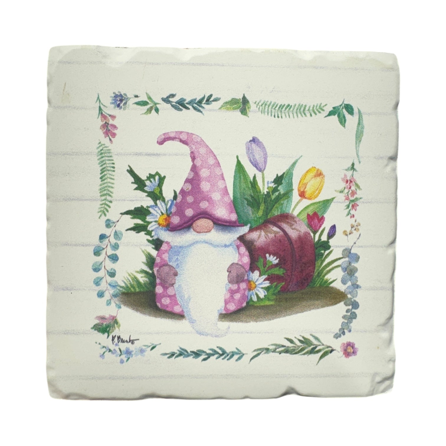 Charming illustration of a gnome with a pink hat by a red barrel, surrounded by flowers and greenery—ideal for the Coaster: Spring Gnomes Tumbled Tile Coaster (Yellow, Blue, Green or Pink) with absorbent stone surface and rustic style.