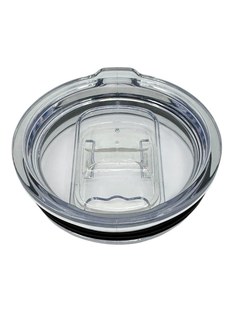 Clear plastic slide-close lid with black rubber gasket, inspired by Nordic Artistry, shown on a white background. Designed for the Swedish Dala Horses - Blue 20oz Stainless Steel Tumbler.