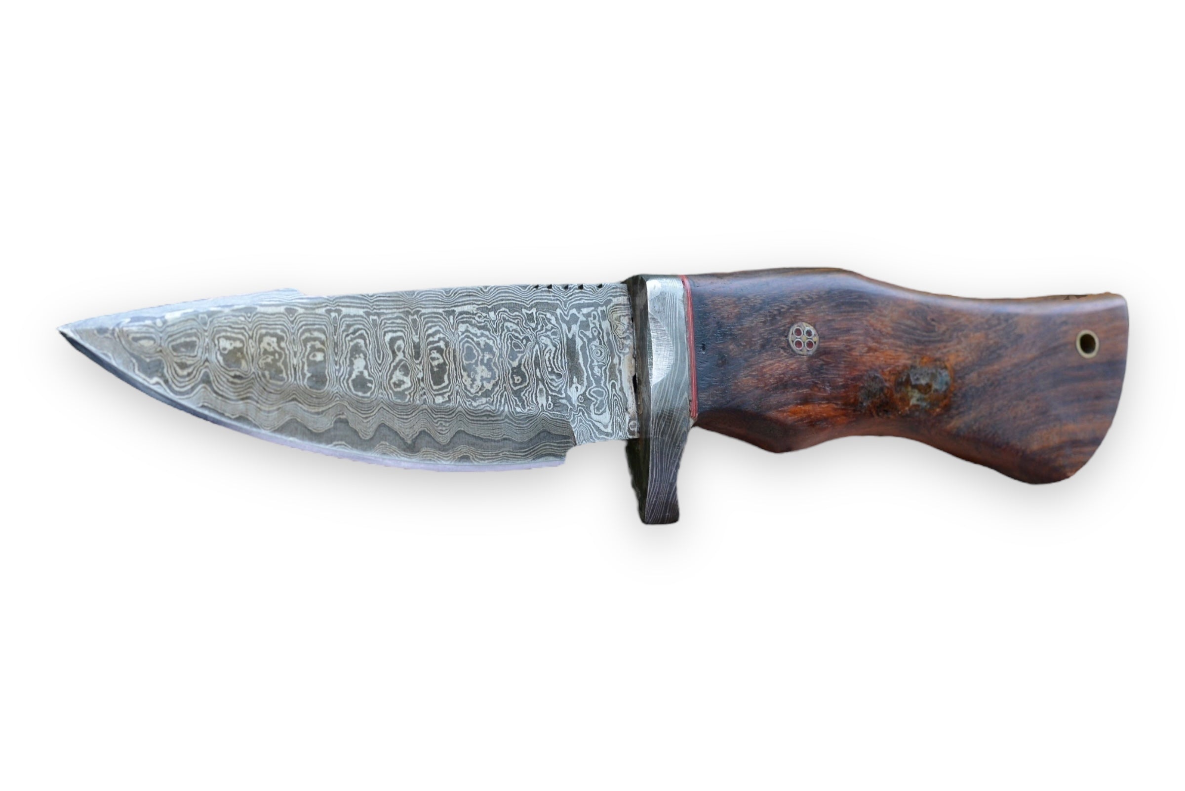 The Damascus Knife - Premium Quality Utility Knife features a steel blade and wooden handle with a small metal emblem on the grip, making it an essential tool for camping.