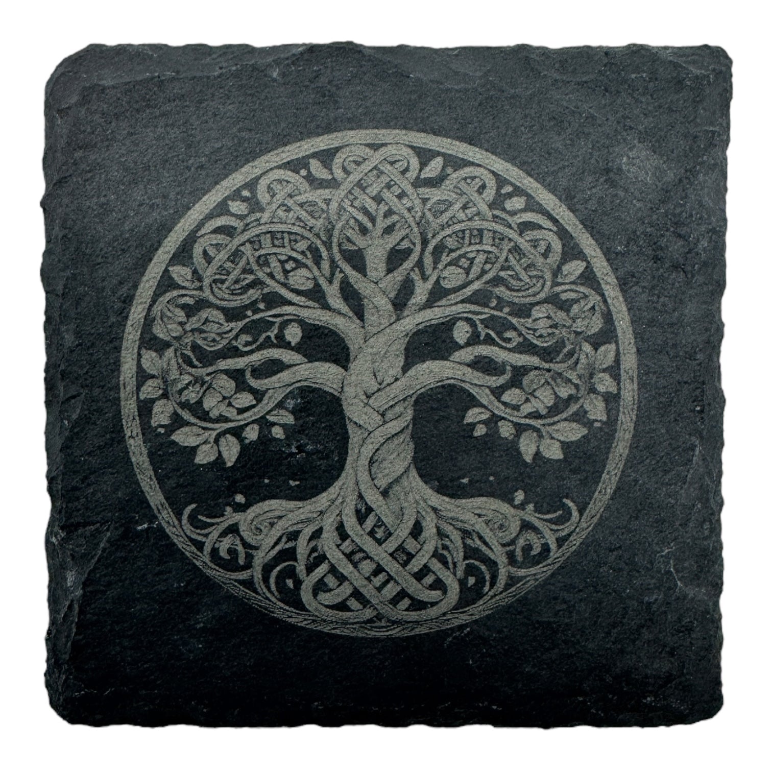 The Coaster: Yggdrasil Slate Viking Coaster – Laser Etched displays a symmetrical Celtic knot tree with interwoven branches and roots within a circular border, celebrating Norse heritage.