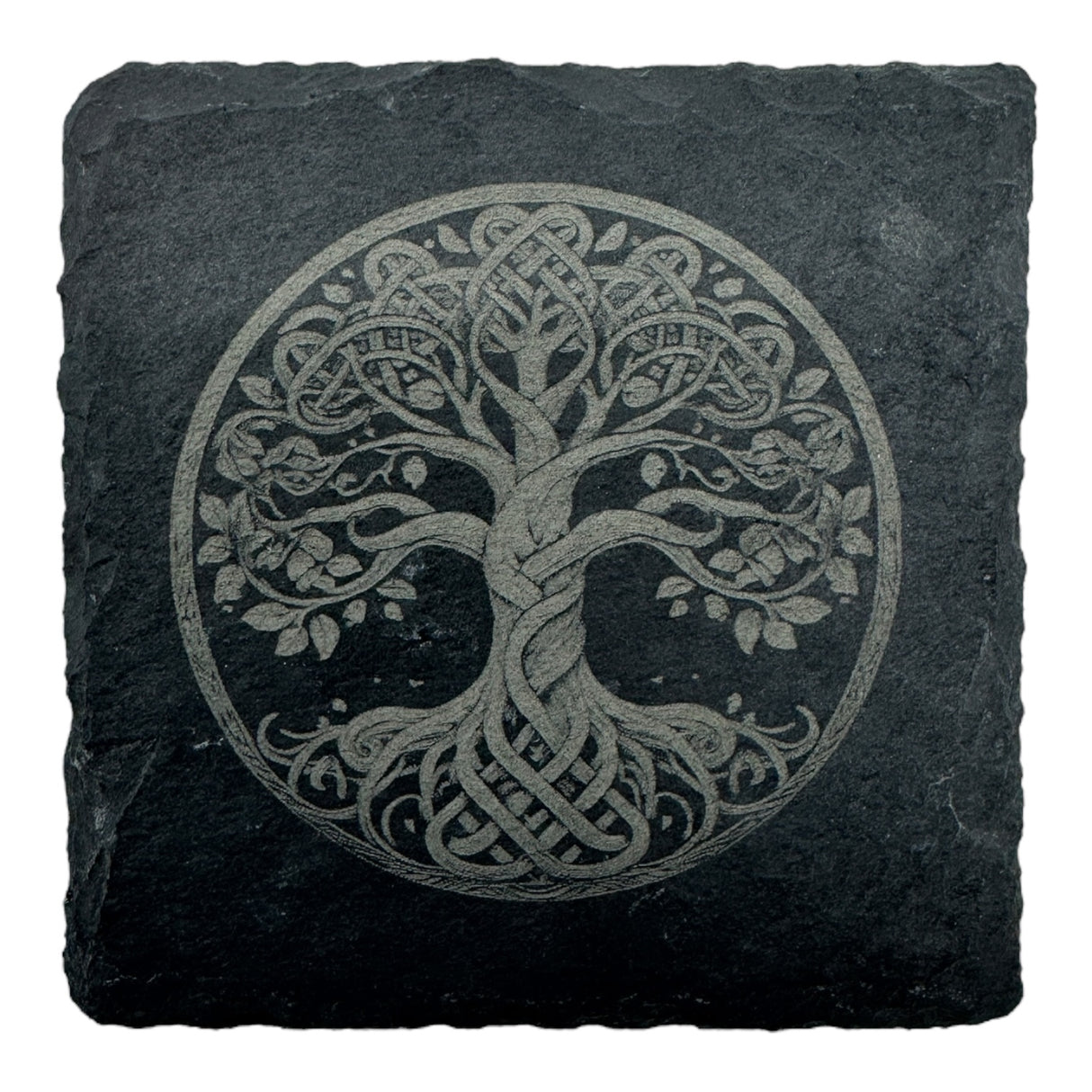 The Coaster: Tree of Life "Yggdrasil" Slate Viking Coaster features a laser-etched Celtic tree design, perfect as a unique Norse mythology decor piece or functional coaster for your home.