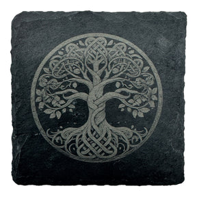The Coaster: Tree of Life "Yggdrasil" Slate Viking Coaster features a laser-etched Celtic tree design, perfect as a unique Norse mythology decor piece or functional coaster for your home.