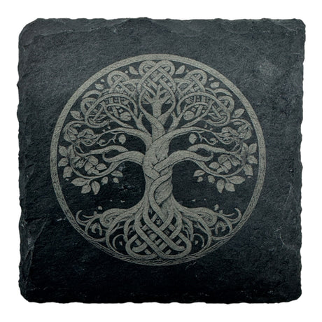 The Coaster: Tree of Life "Yggdrasil" Slate Viking Coaster features a laser-etched Celtic tree design, perfect as a unique Norse mythology decor piece or functional coaster for your home.