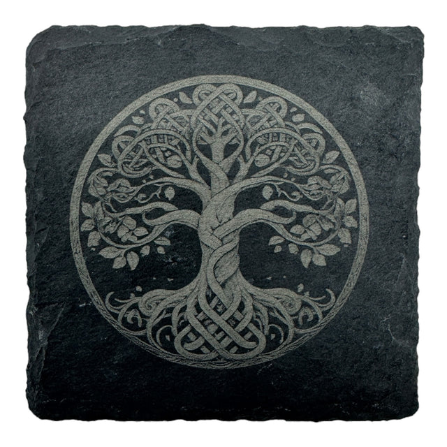 The Coaster: Tree of Life "Yggdrasil" Slate Viking Coaster features a laser-etched Celtic tree design, perfect as a unique Norse mythology decor piece or functional coaster for your home.
