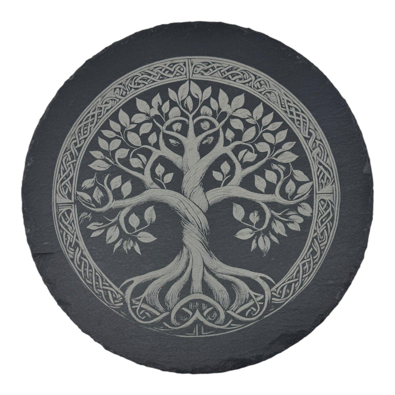 The Trivet: Tree of Life on 9.75 Slate Trivet features a circular slate design engraved with a stylized Tree of Life and an intricate Celtic knot border inspired by Norse mythology.