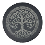 The Trivet: Tree of Life on 9.75 Slate Trivet features a circular slate design engraved with a stylized Tree of Life and an intricate Celtic knot border inspired by Norse mythology.
