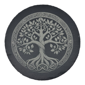 The Trivet: Tree of Life on 9.75 Slate Trivet features a circular slate design engraved with a stylized Tree of Life and an intricate Celtic knot border inspired by Norse mythology.