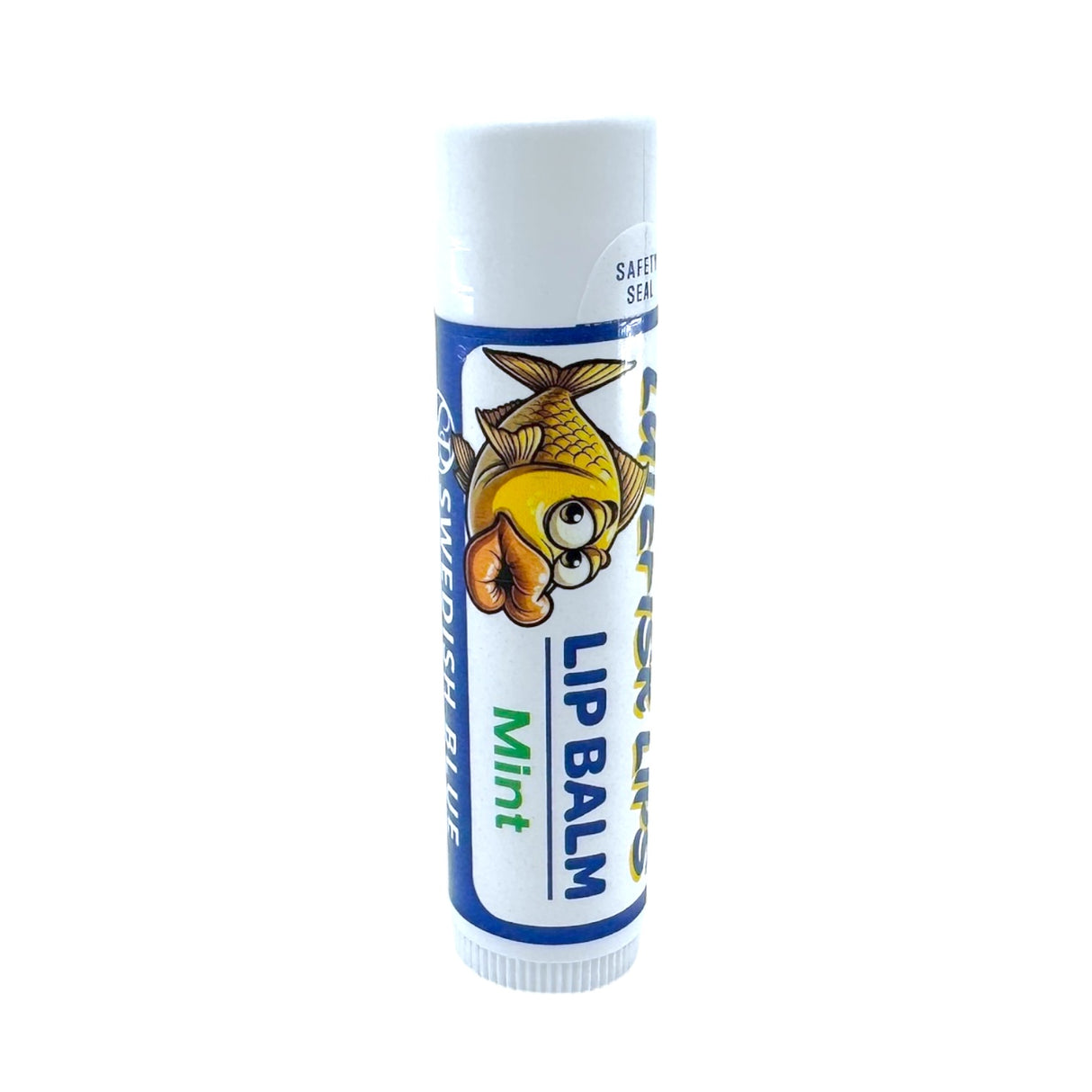 A tube of Lutefisk Lips Mint Lip Balm with SPF 15, featuring a cartoon fish and blue-white label—ideal for soothing chapped lips.