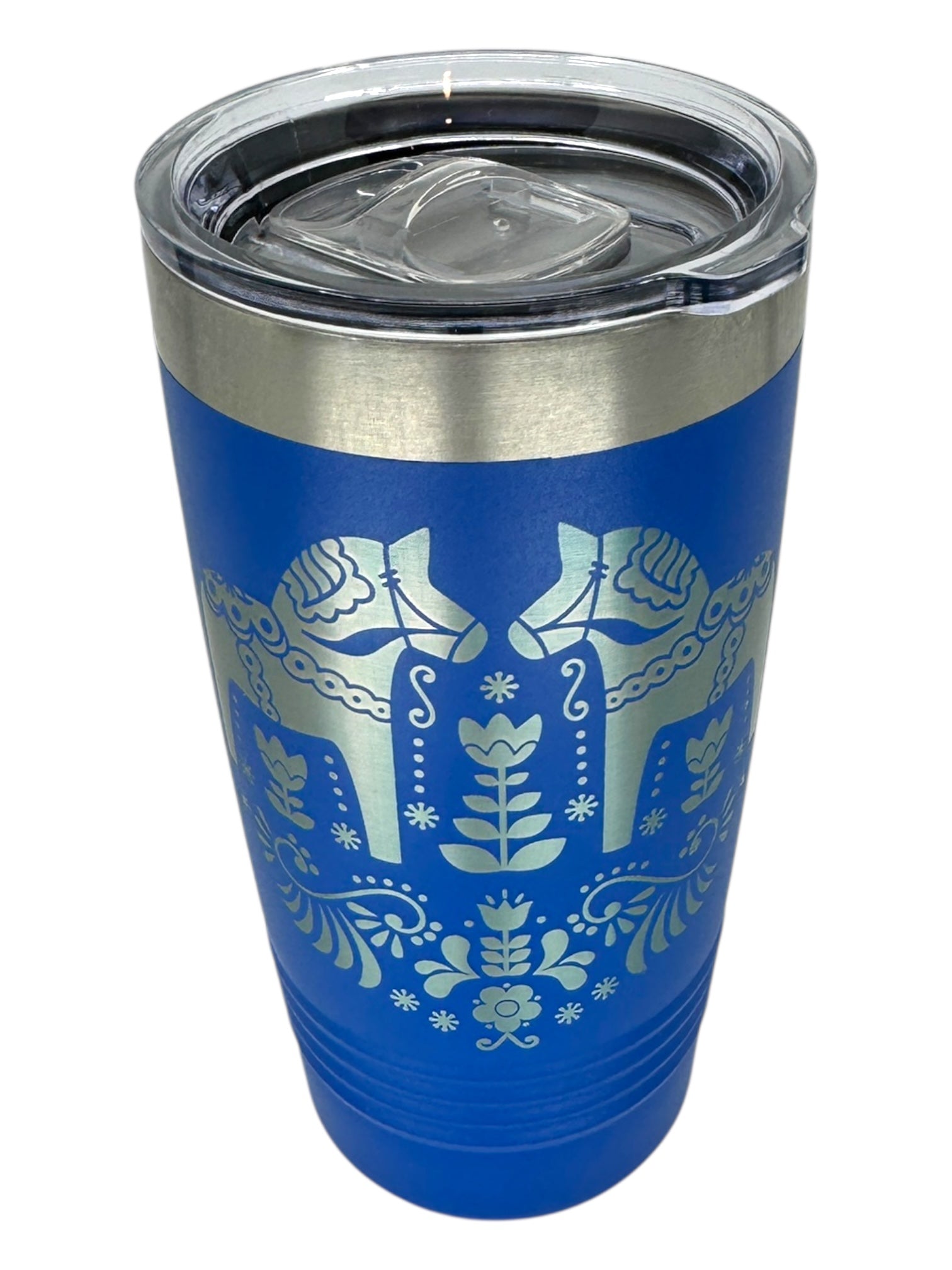 The Tumbler: Swedish Dala Horses - Blue 20oz Stainless Steel Tumbler features a slide-close lid, silver Dala Horse, and Nordic-inspired floral patterns.