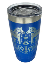 The Tumbler: Swedish Dala Horses - Blue 20oz Stainless Steel Tumbler features a slide-close lid, silver Dala Horse, and Nordic-inspired floral patterns.