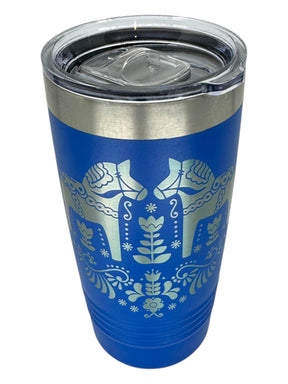 The Tumbler: Swedish Dala Horses - Blue 20oz Stainless Steel Tumbler features a slide-close lid, silver Dala Horse, and Nordic-inspired floral patterns.