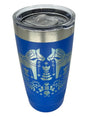 The Tumbler: Swedish Dala Horses - Blue 20oz Stainless Steel Tumbler features a slide-close lid, silver Dala Horse, and Nordic-inspired floral patterns.