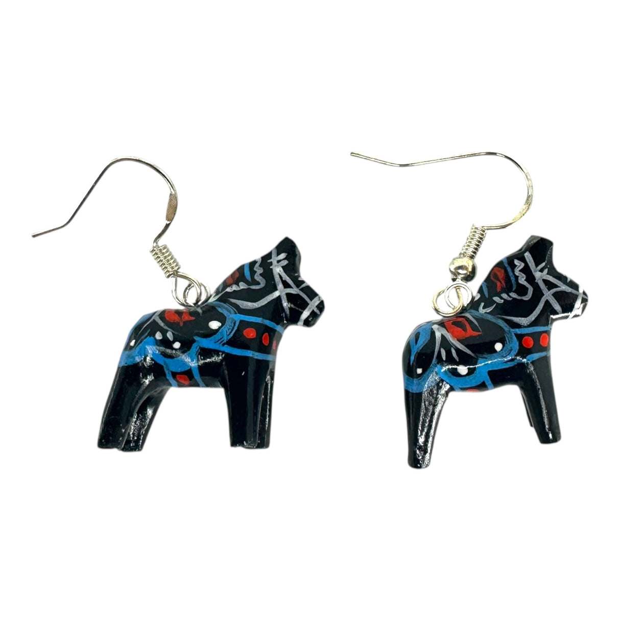 Earrings: Dala Horse Black Earrings – Handcrafted Swedish Folk Art (2cm/0.75 High) feature black horse-shaped charms with blue, red, and white painted patterns inspired by Swedish tradition.