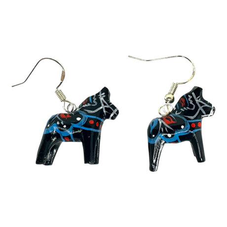 Earrings: Dala Horse Black Earrings – Handcrafted Swedish Folk Art (2cm/0.75 High) feature black horse-shaped charms with blue, red, and white painted patterns inspired by Swedish tradition.