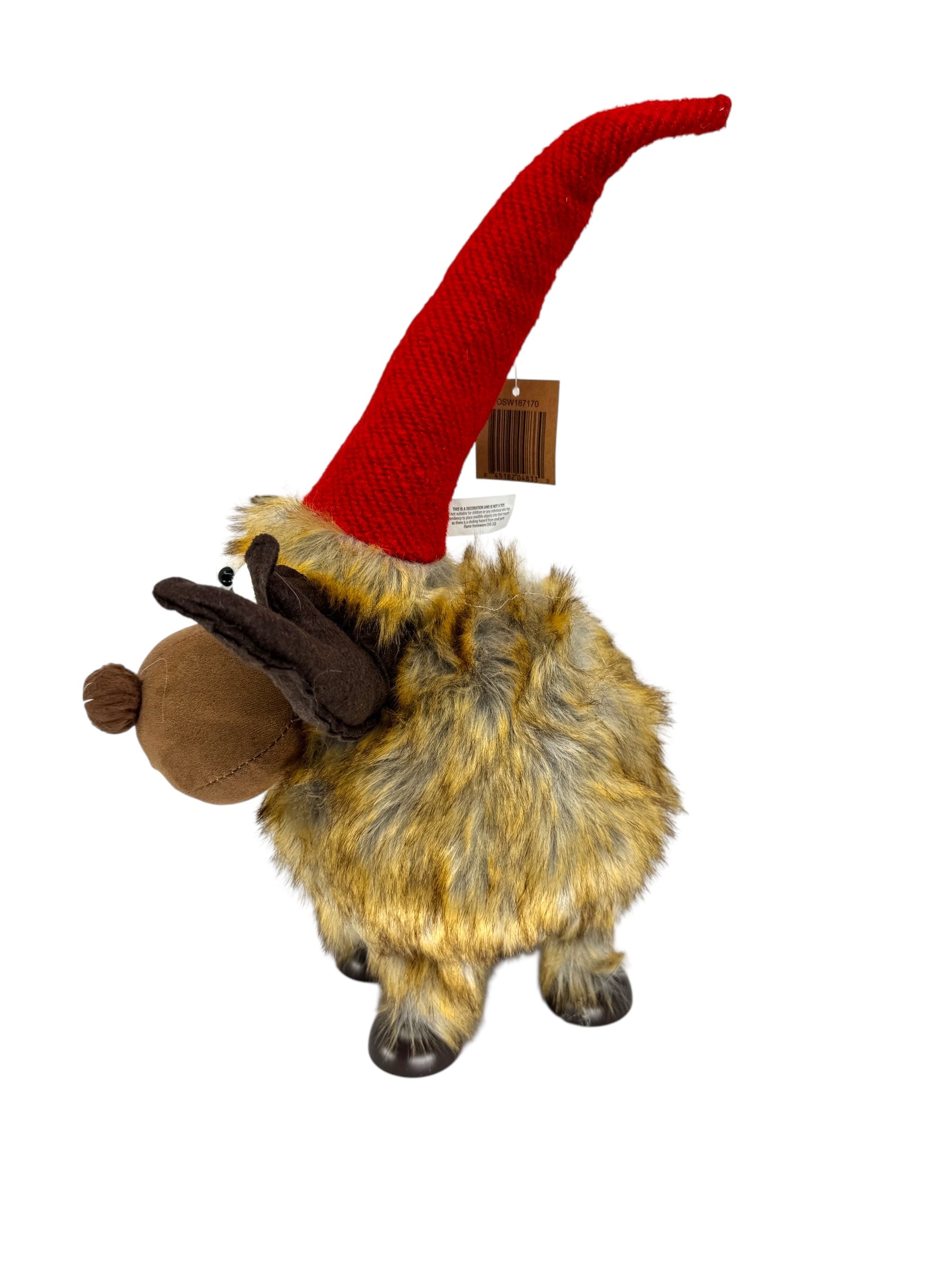 The Shaky Moose Holiday Table Decoration is a 16 tall plush with a brown face, antlers, and a long poseable red hat, standing on four legs—perfect for adding playful holiday charm to your table.
