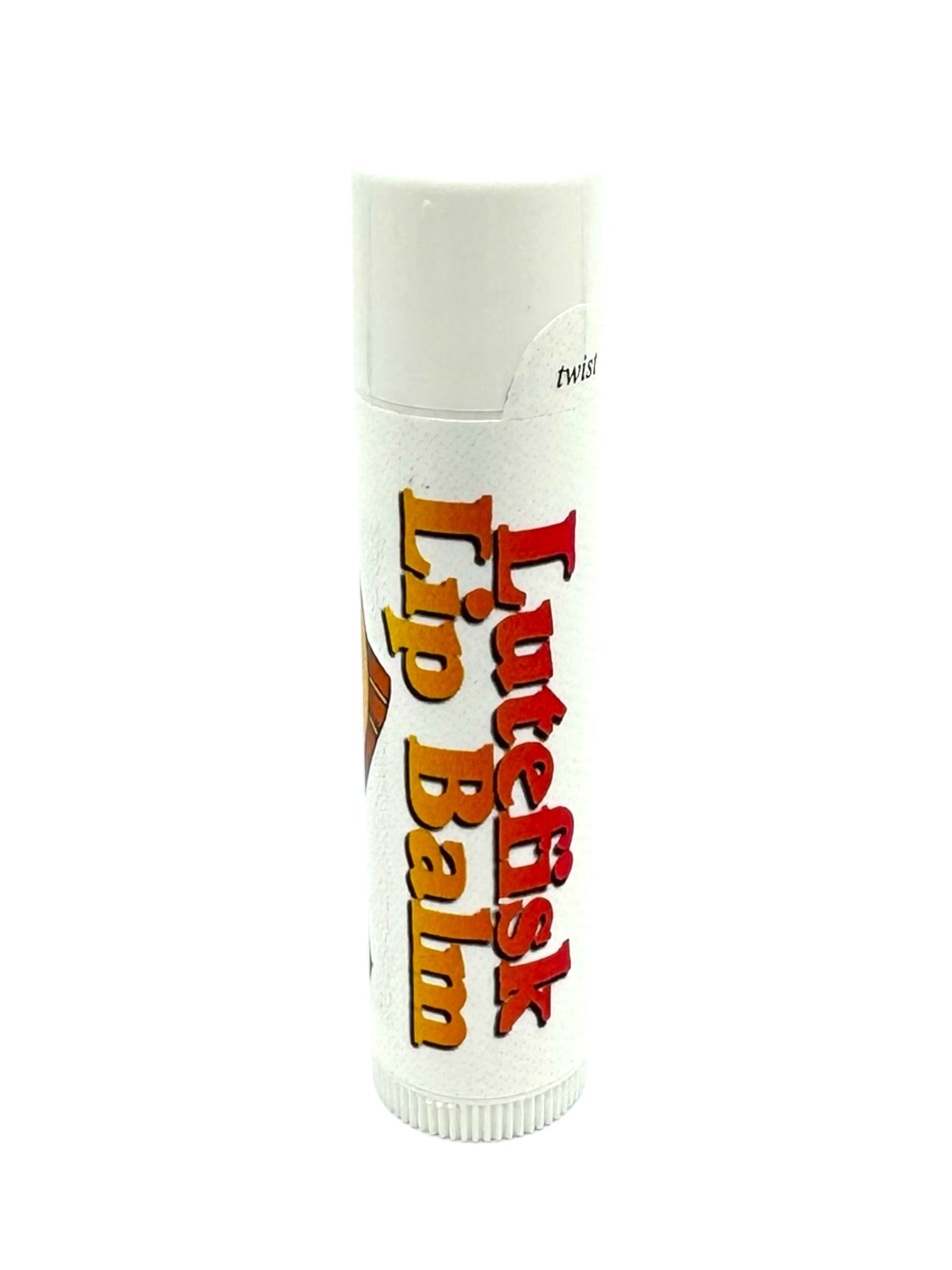 The Lutefisk Lip Balm, ideal for a gag gift, features a white cap and vibrant text. It surprises the taste buds with a hint of lingonberry flavor.