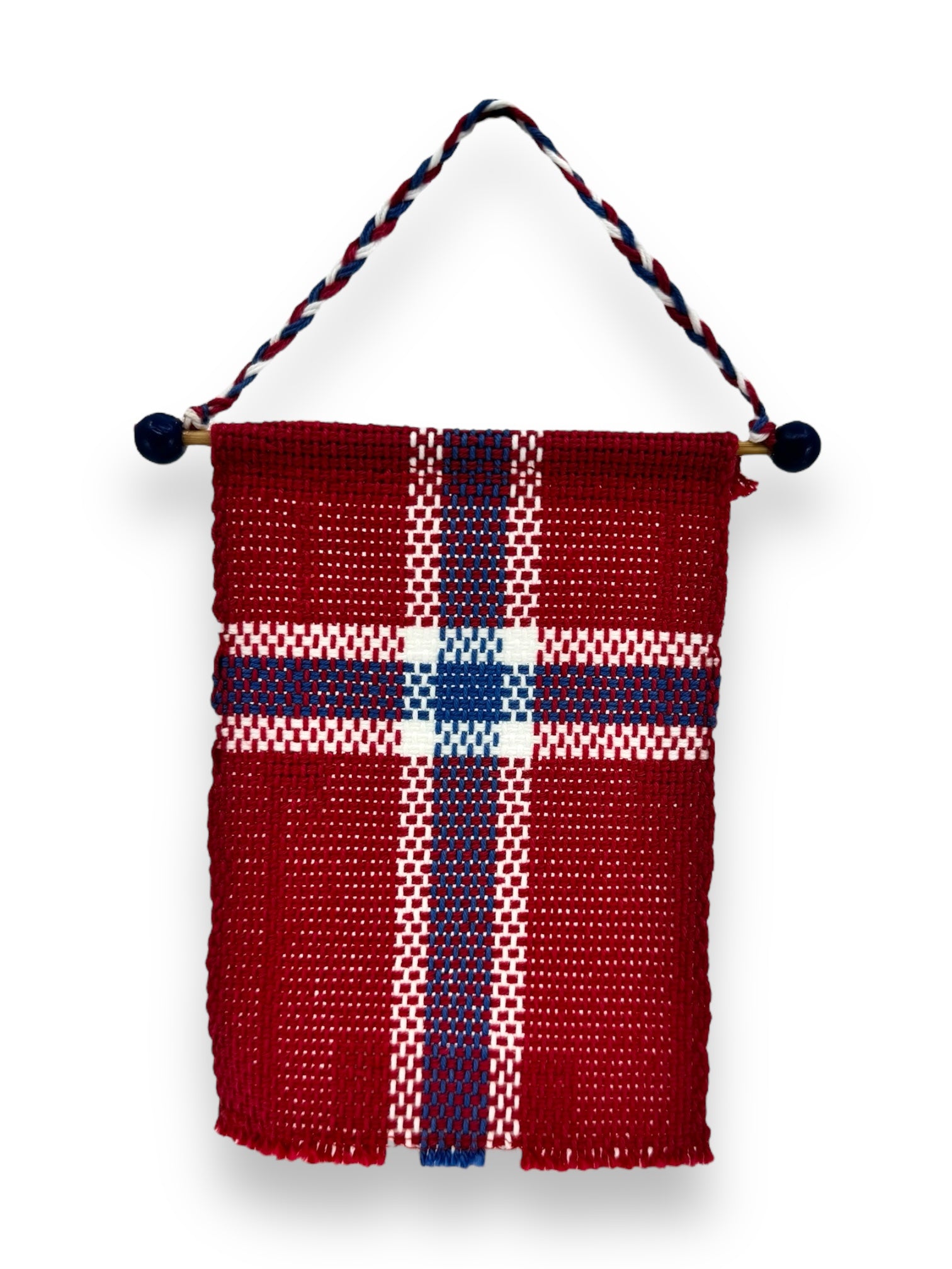 A small Norwegian flag, measuring 6.5"x4", elegantly hangs by a twisted cord adorned with blue beads.