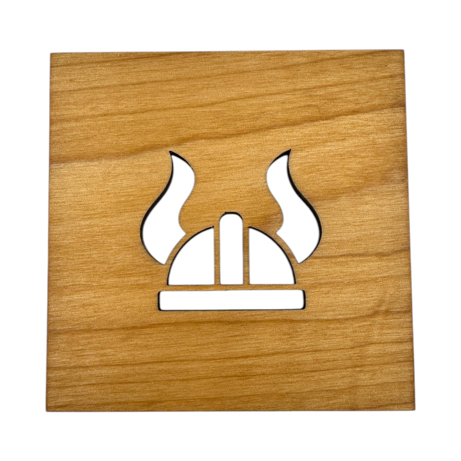 The Coaster: Nordic Viking Helmet 4x4 Square Alder Coaster features a wooden square design with a Viking helmet cutout and upward curved horns, reflecting the spirit of Nordic tradition.