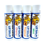 Four tubes of Lutefisk Lips Lip Balm (Cherry, Tropical, Mint, or Unflavored) with cartoon fish graphics offer SPF 15 sun protection and help soothe chapped lips.