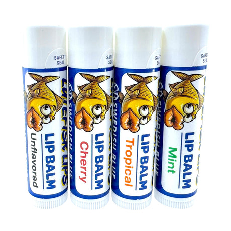 Four tubes of Lutefisk Lips Lip Balm (Cherry, Tropical, Mint, or Unflavored) with cartoon fish graphics offer SPF 15 sun protection and help soothe chapped lips.