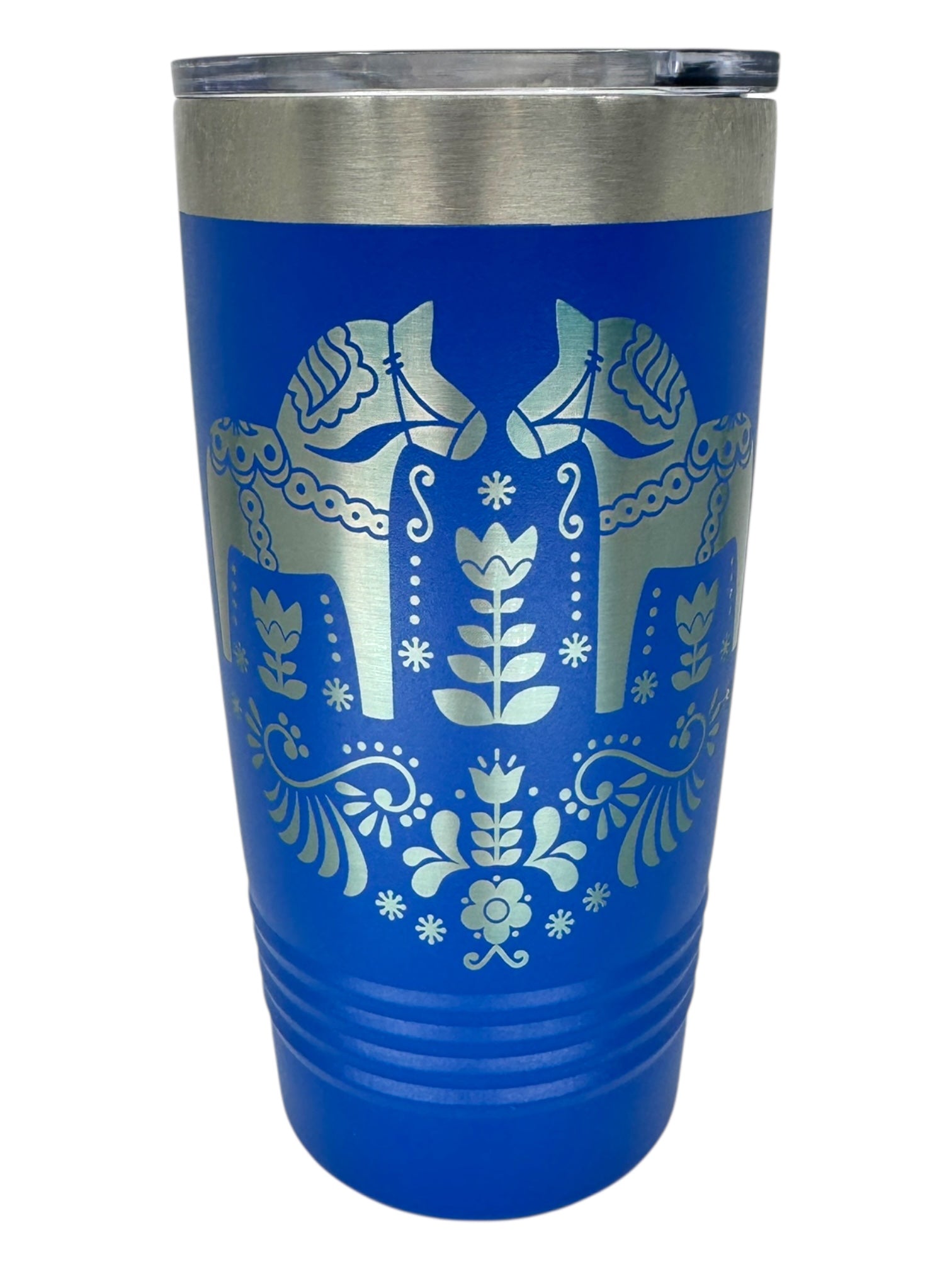 The Tumbler: Swedish Dala Horses - Blue 20oz Stainless Steel Tumbler features Nordic-inspired floral art, a silver Dala Horse, a stainless steel rim, and a slide-close clear plastic lid.