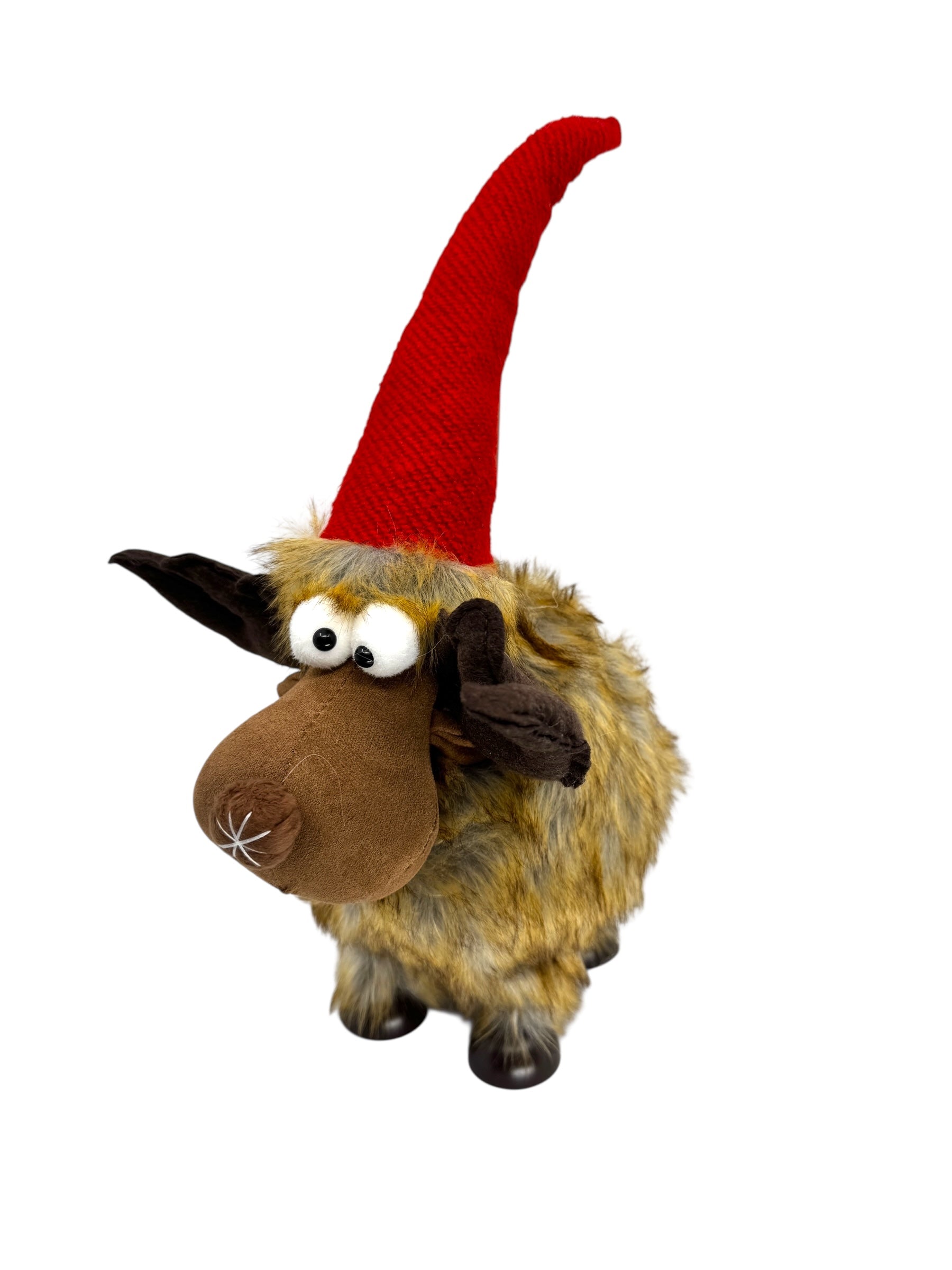 The Shaky Moose Holiday Table Decoration stands 16 tall with shaggy brown fur, googly eyes, large ears, and a poseable red hat—perfect as Scandinavian-inspired décor or a whimsical Christmas centerpiece.
