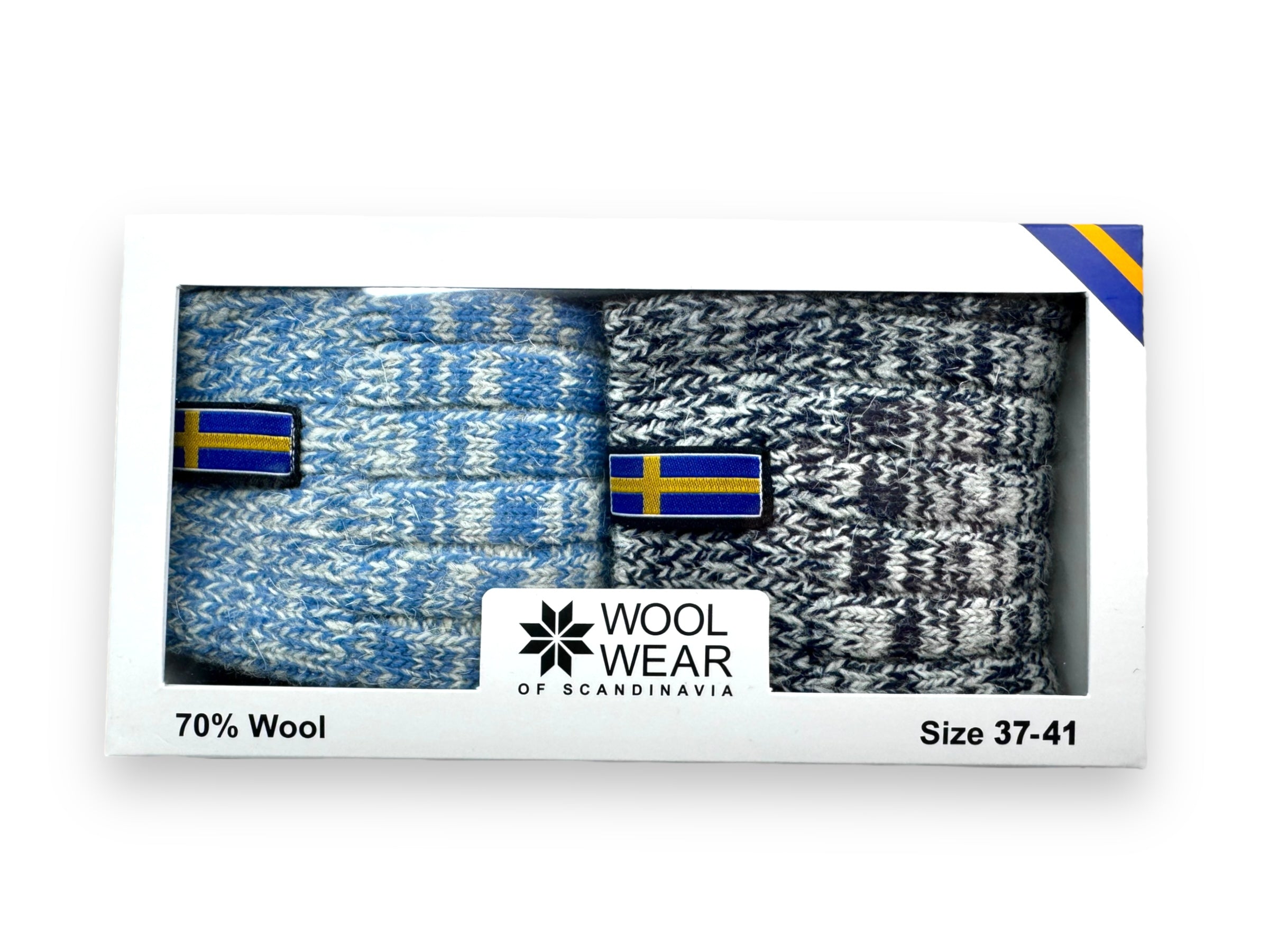 A gift box featuring a 2-pack of Wool Wear socks, size 37-41, displaying blue and gray designs and celebrating the Norwegian flag, with a prominent 70% wool content.