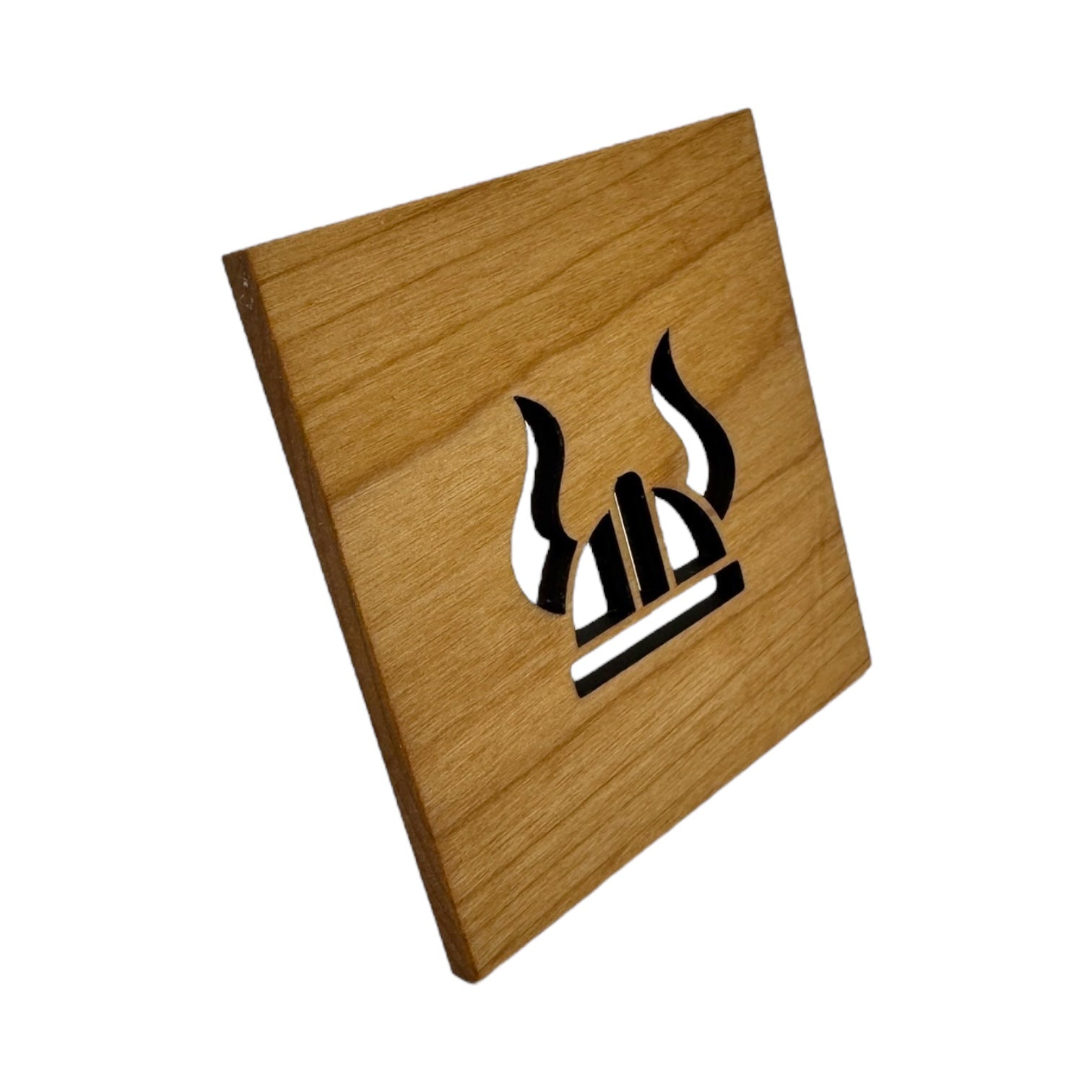 The Coaster: Nordic Viking Helmet 4x4 Square Alder Coaster showcases a horned Viking helmet cutout, inspired by Nordic tradition, and is featured on a white background.